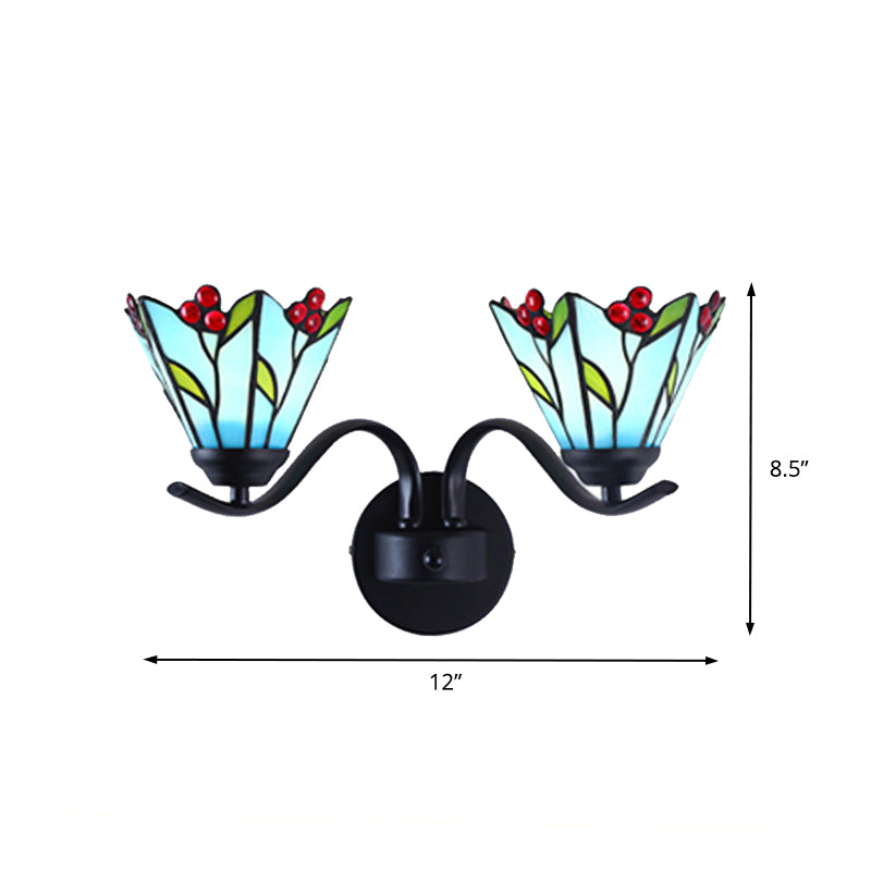 Tiffany Style Blue Glass Lily Sconce Light Fixture - 2 Head Black Wall Mounted Lamp For Corridor