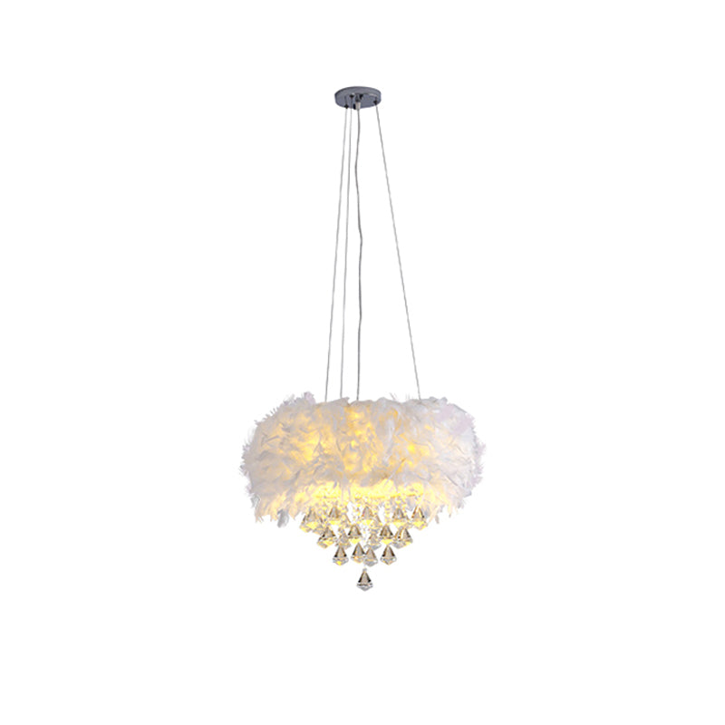 Feather Romantic Suspension Light With Crystal Deco - White Drum Dining Room Hanging