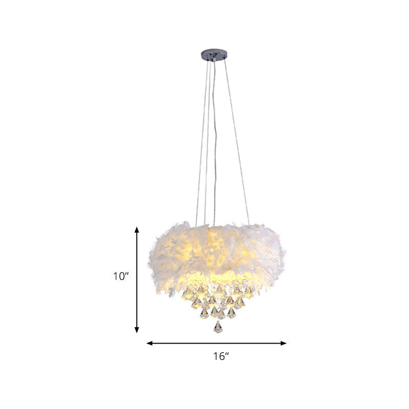 Feather Romantic Suspension Light With Crystal Deco - White Drum Dining Room Hanging