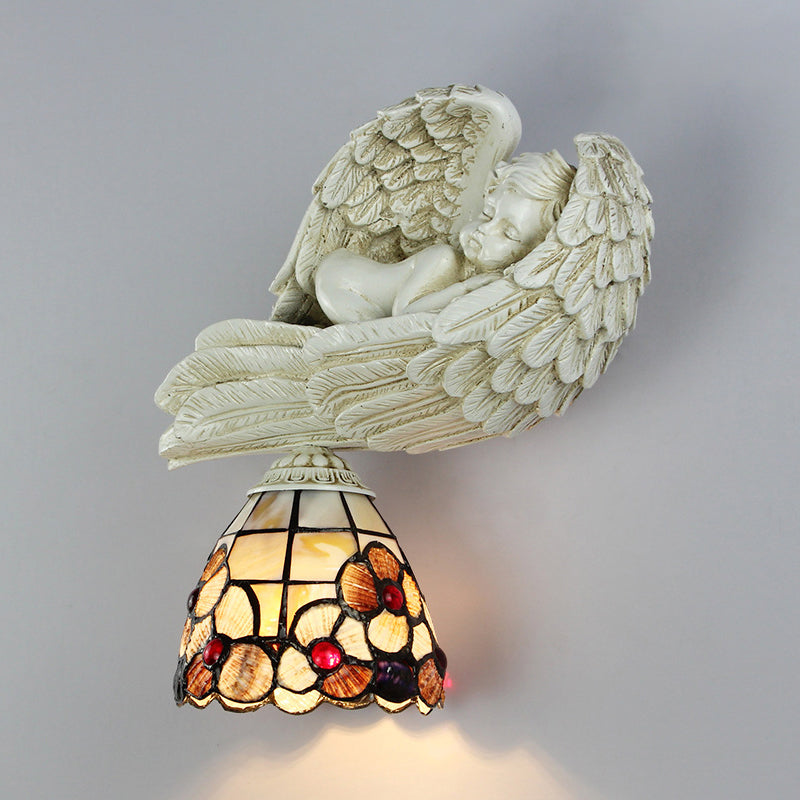 Rustic Loft Wall Sconce With Sleeping Angel - Shell Floral Design | 1 Head Lighting For Living Room