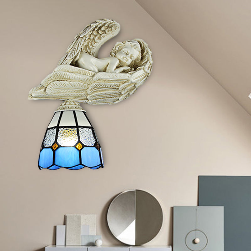 Resin Angel Loft Tiffany Stained Glass Wall Sconce Lamp In White/Clear