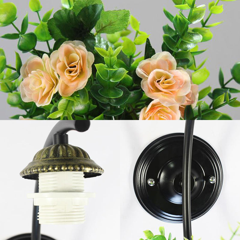 Flower-Trimmed Tiffany Wall Sconce With Beige Glass Dome And Black Mount