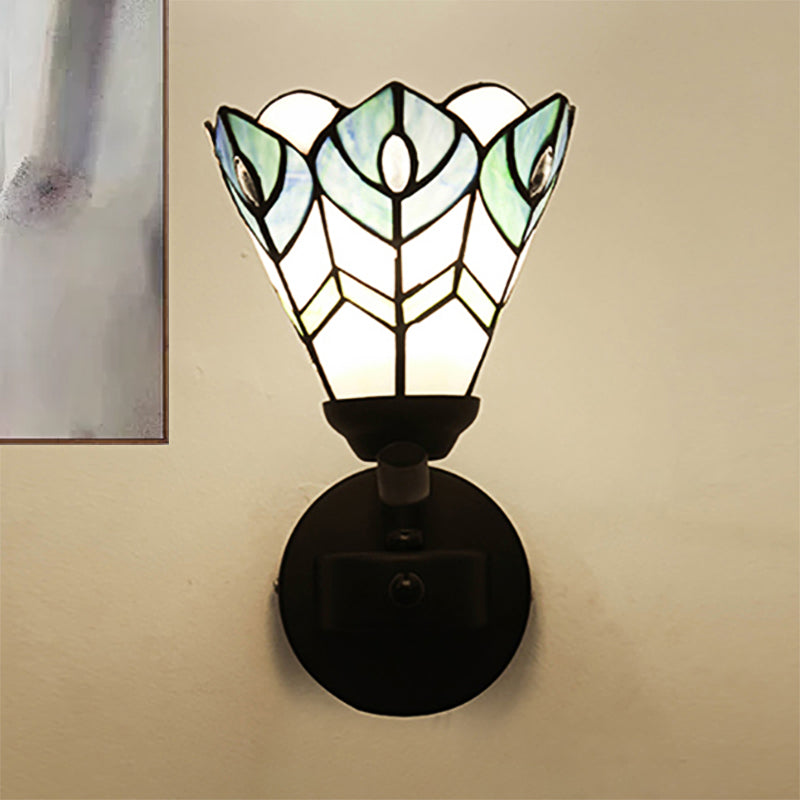 Blue Tiffany Style Stained Glass Wall Mount Fixture - Scalloped Design With Curved Arm Ideal For