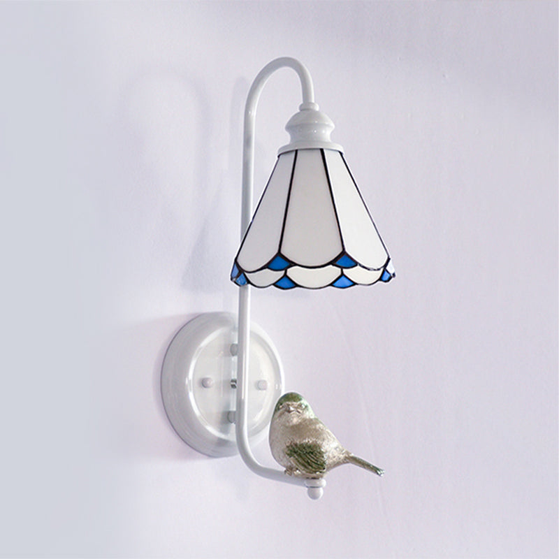 Mediterranean Blue-White Bedroom Wall Light With Stained Glass Shade White