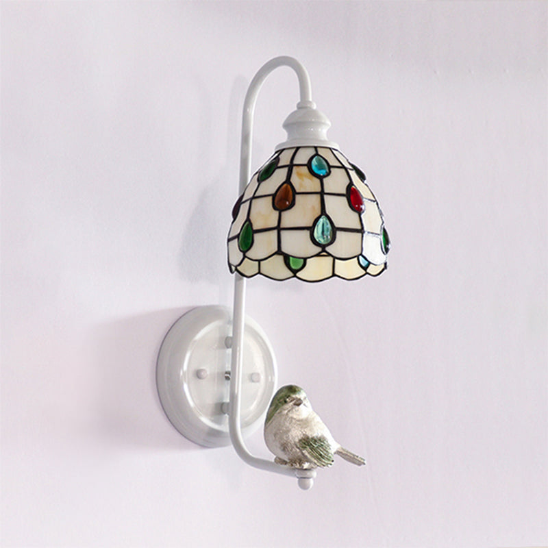 Tiffany Dome Stained Glass Wall Sconce With Square/Sunflower/Diamond Pattern - White / Gem
