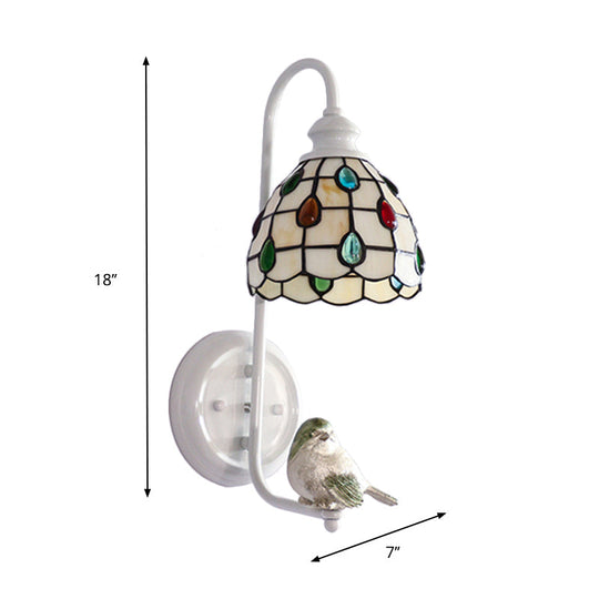 Tiffany Dome Stained Glass Wall Sconce With Square/Sunflower/Diamond Pattern - White