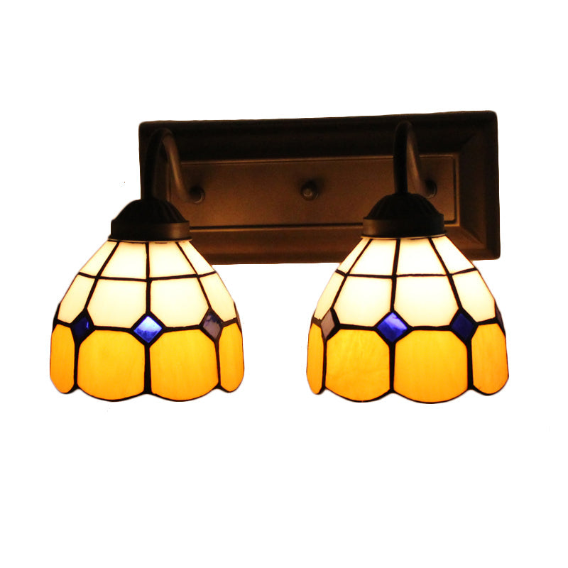 Amber Glass Sconce Light Baroque Wall Fixture - Grid Patterned 2 Heads Black Design