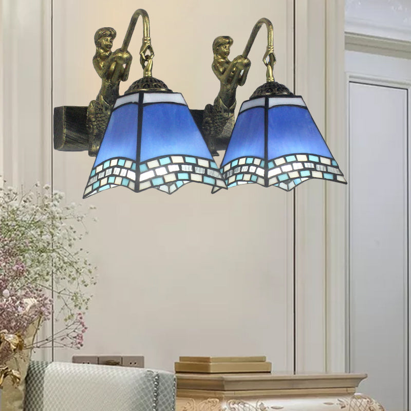 Mediterranean Blue Glass Wall Sconce Light With 2 Heads - Perfect For Bedroom Decor