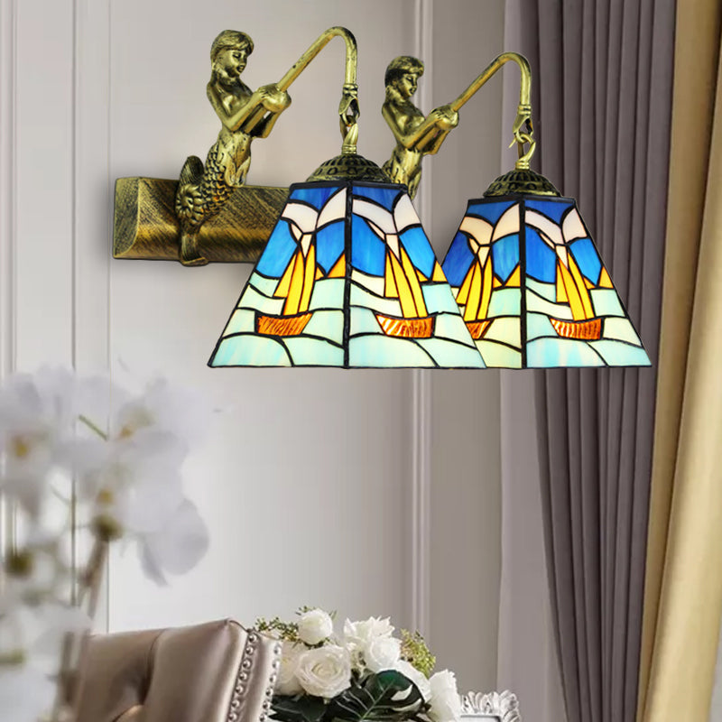 Mediterranean Blue Glass Sailboat Sconce Light - Antique Brass Wall Mounted Lighting With 2 Heads
