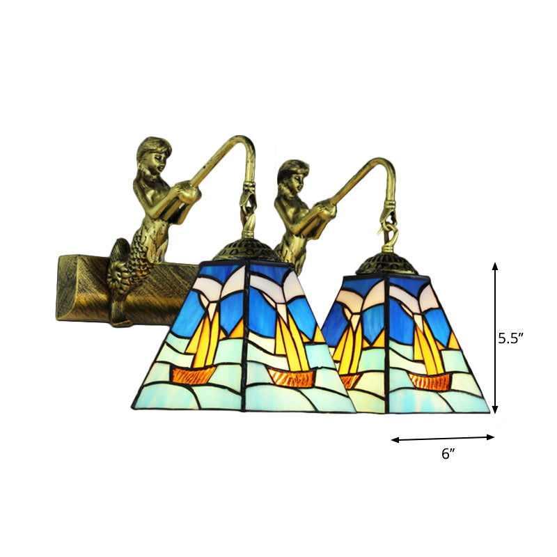 Mediterranean Blue Glass Sailboat Sconce Light - Antique Brass Wall Mounted Lighting With 2 Heads