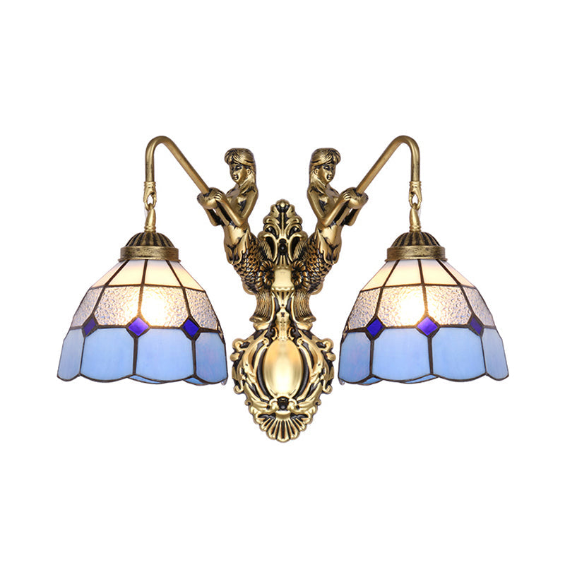 Mermaid Tiffany Wall Sconce - Blue Glass Brass Dome Light Fixture With 2 Heads