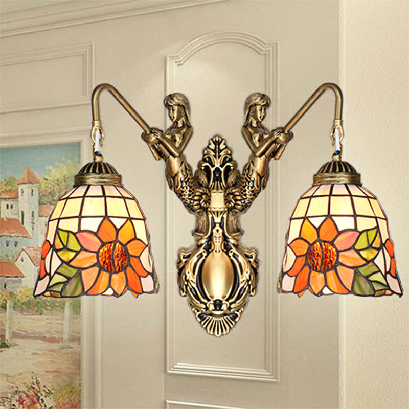 Tiffany Style Gold Flared Sconce Wall Mounted Light With Beige Glass And Sunflower Pattern - 2 Heads