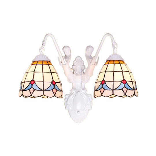 Tiffany 2-Head White Wall Sconce Light With Stained Glass And Mermaid Decoration