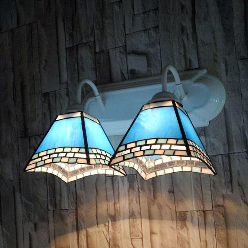 Nautical Blue Glass Pyramid Wall Lamp - 2 Heads Mount Light For Bathroom