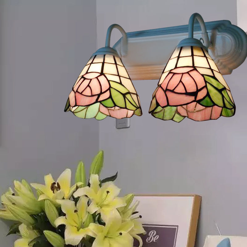 Victorian Pink Rose Wall Sconce Light With Stained Glass - 2 Heads Multicolor Lighting