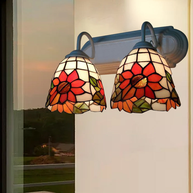 Sunflower Stained Glass Wall Light Fixture - Victorian Sconce 2-Head Orange Sun Design