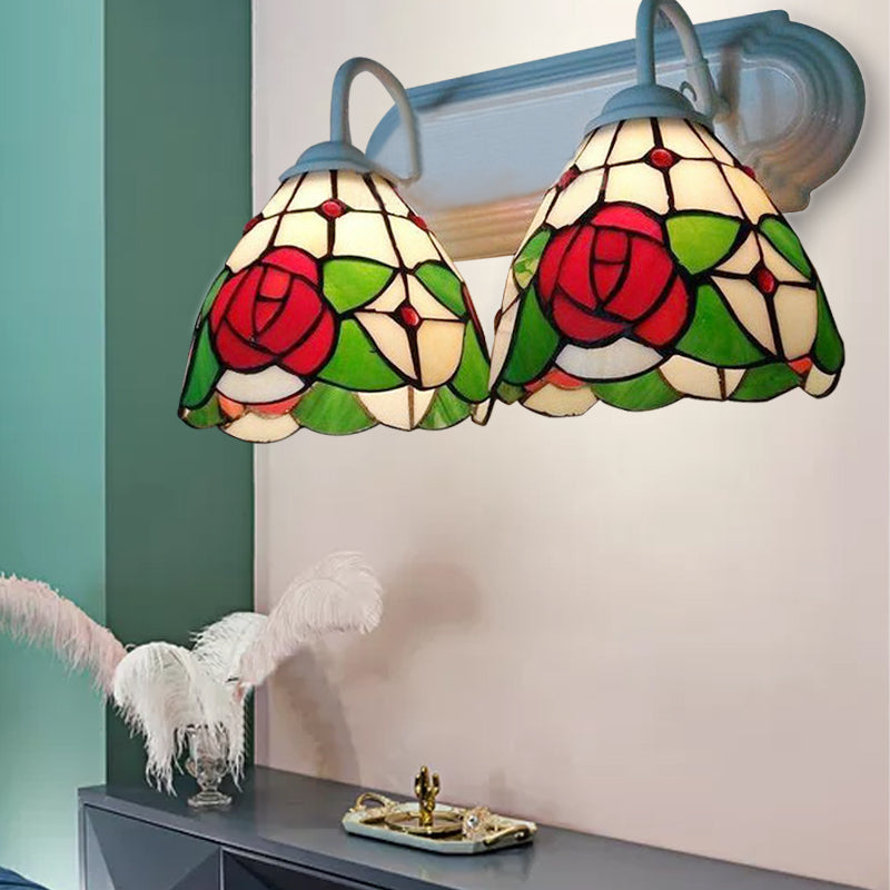 Victorian Stained Glass Rose Wall Sconce Light With 2 Red Heads