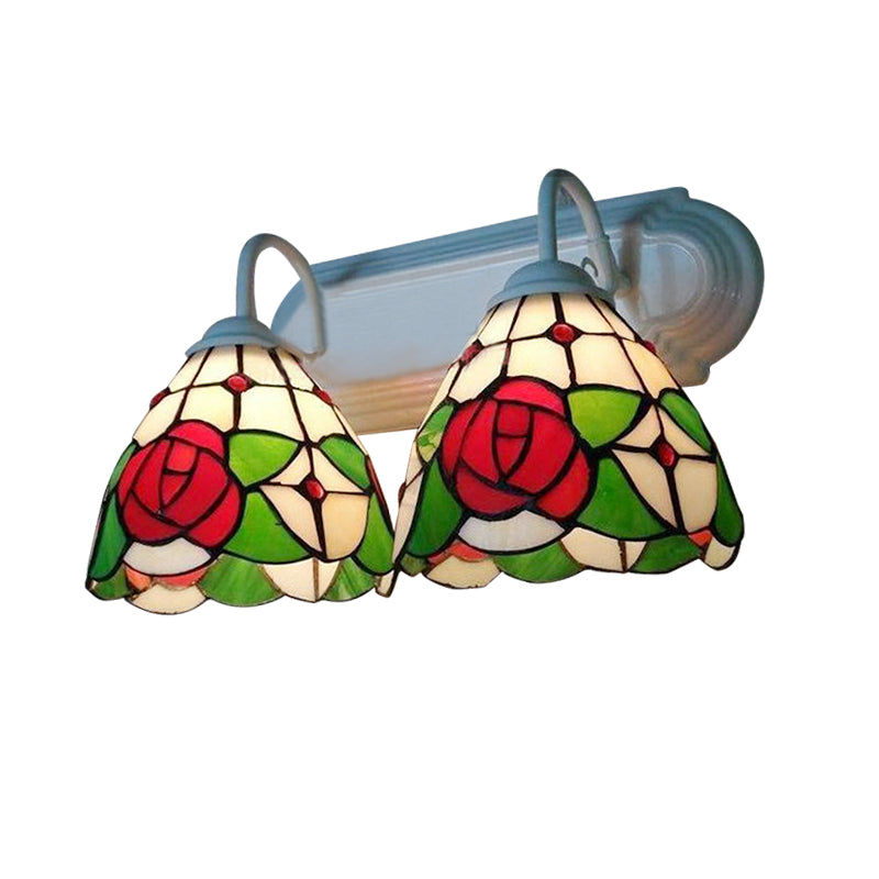 Victorian Stained Glass Rose Wall Sconce Light With 2 Red Heads