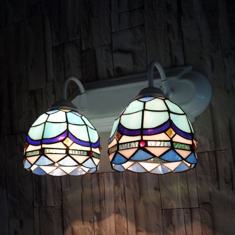 Blue Baroque Wall Lighting With Stained Glass Shade - 2 Head Sconce Light For Living Room