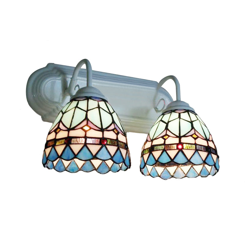 Baroque Style Stained Glass Bowl Sconce With 2-Headed Wall Lighting - Elegant White Finish For