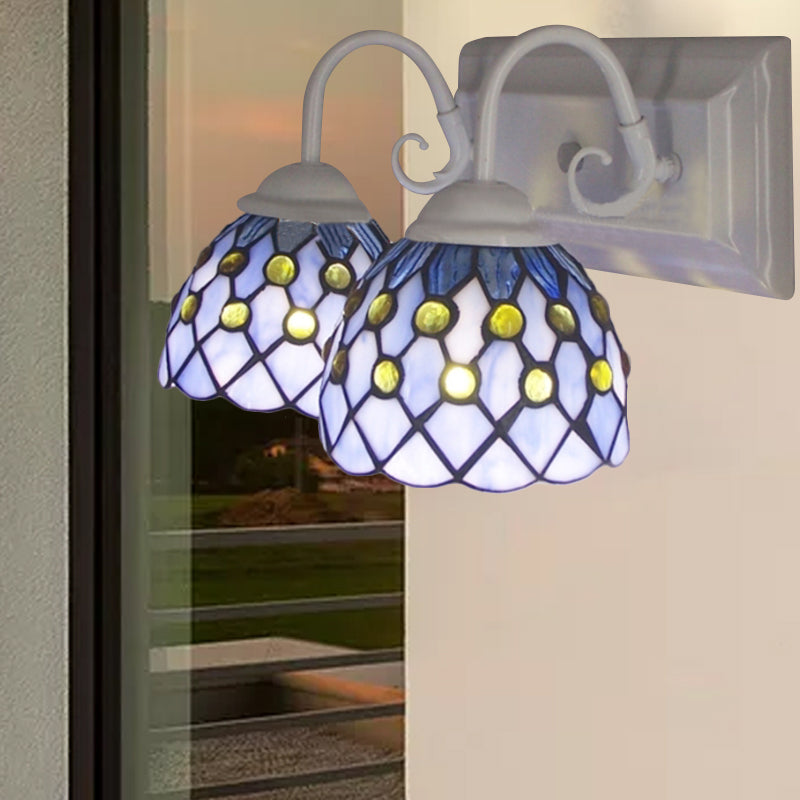 Sky Blue/Blue Tiffany Style Stained Glass Wall Sconce With 2 Lights - Ideal For Bedroom Blue