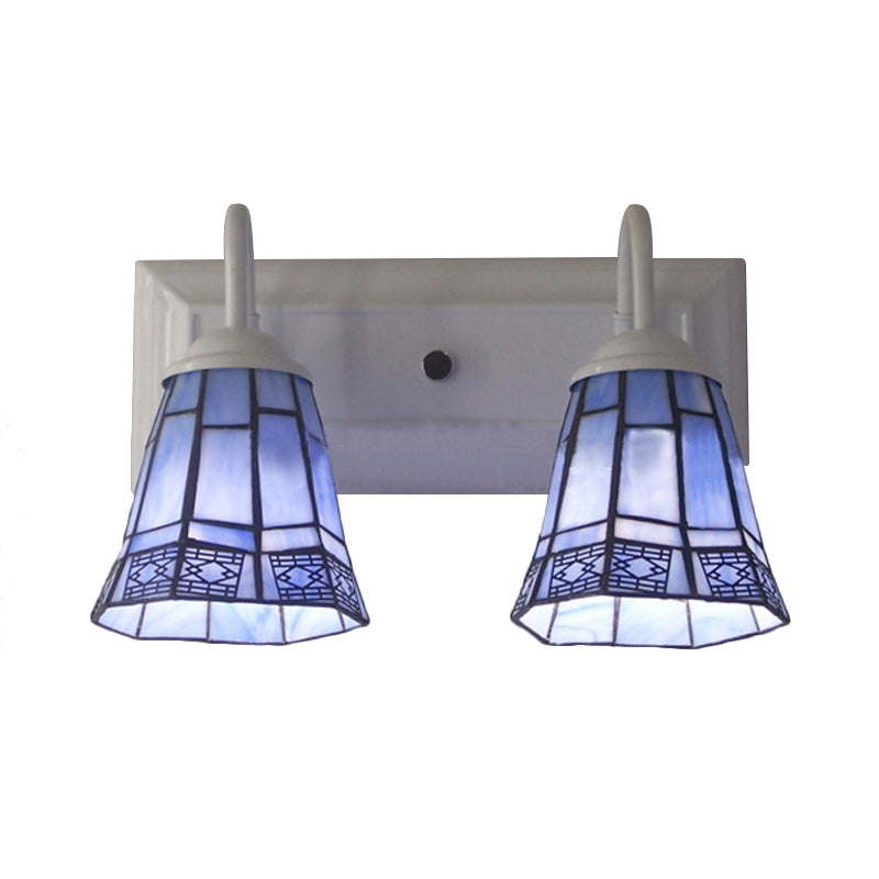 Blue Stained Glass Wall Sconce Lamp With 2 Heads - Mission Style For Dining Room