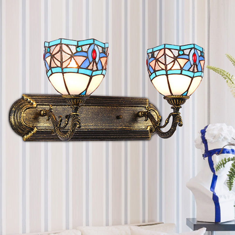 Tiffany Vintage Stained Glass Wall Lamp With 2 Blue Sconces For Living Room