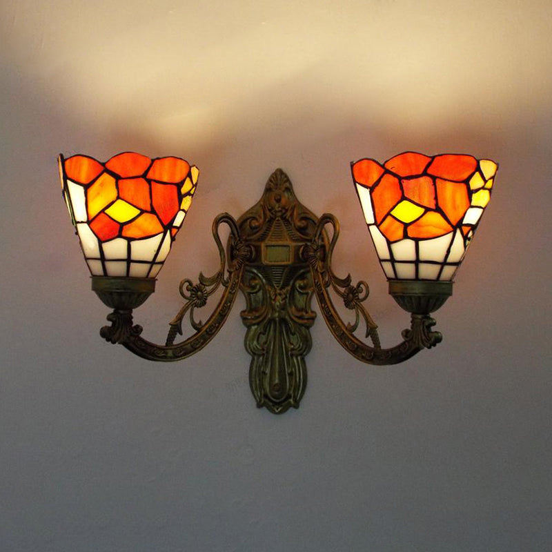 Rustic Stained Glass Wall Light - 2 Lights Orange/Pink/Blue/Beige Library & Living Room Sconce