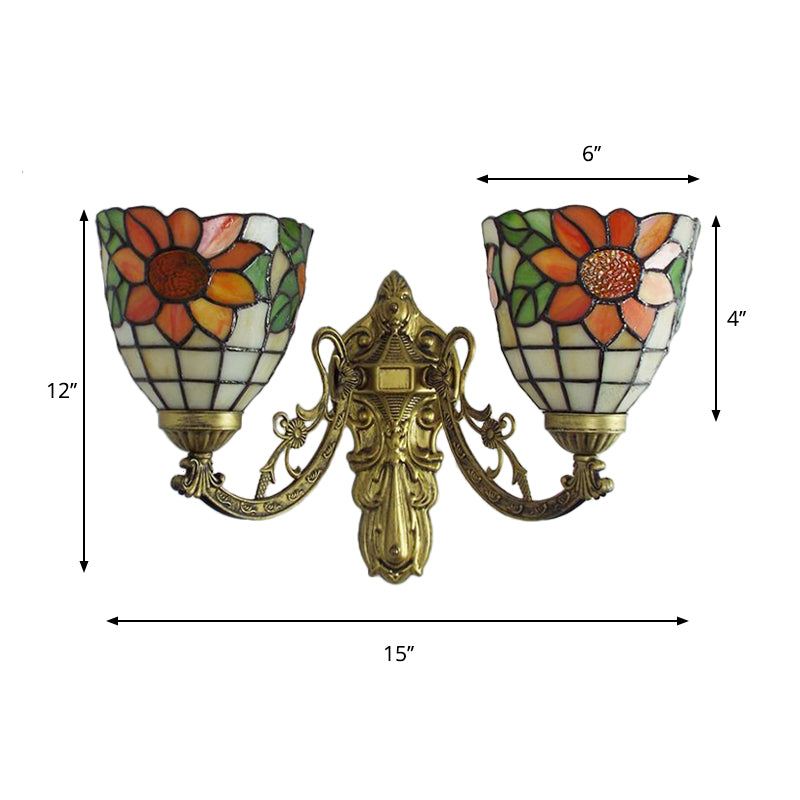 Sunflower Stained Glass Sconce: 2-Light Lodge Tiffany Wall Lamp In Green/Beige For Living Room