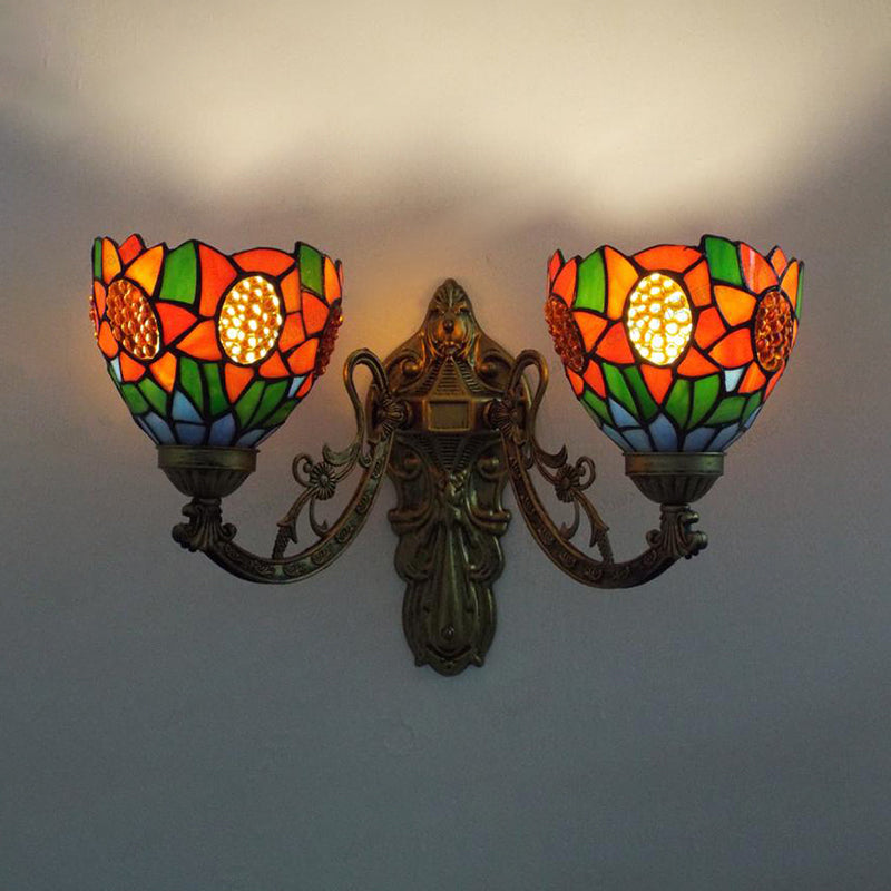 Sunflower Stained Glass Sconce: 2-Light Lodge Tiffany Wall Lamp In Green/Beige For Living Room Green