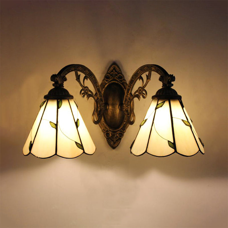 Lodge Style Stained Glass Leaf Wall Lamp - 2 Lights Beige Curved Arm & Mount
