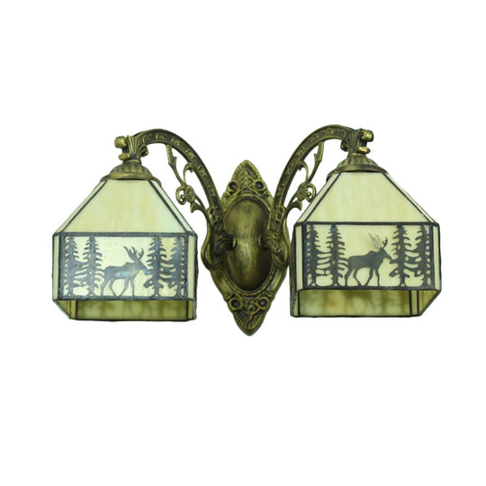 Deer Sconce Lamp: 2 Heads Carved Arm Lodge Stained Glass Wall Lighting In Beige For Corridor