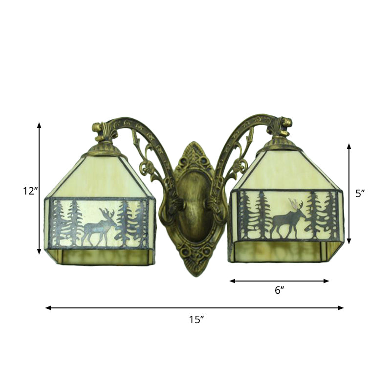 Deer Sconce Lamp: 2 Heads Carved Arm Lodge Stained Glass Wall Lighting In Beige For Corridor