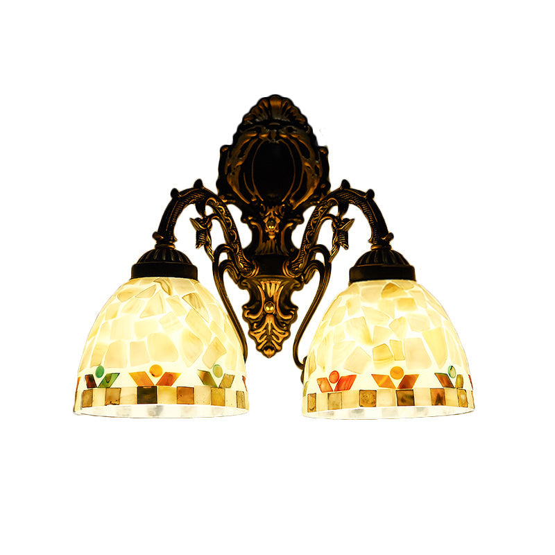 Traditional Beige Shell Bowl Wall Sconce Lighting - 2 Head Mount Light For Bedroom