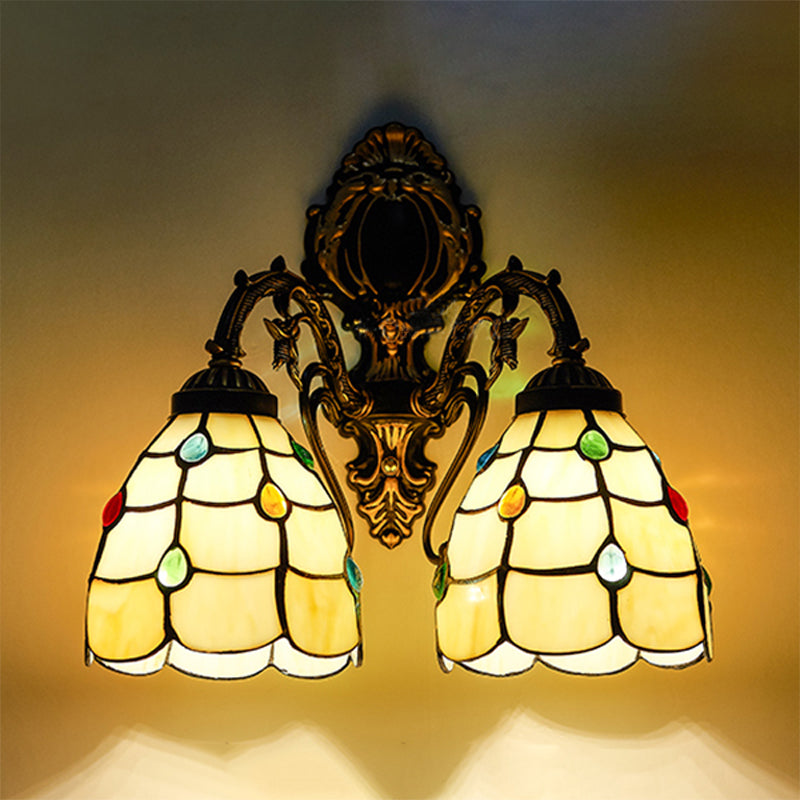 Vintage Stained Glass Wall Sconce Light - Colorful Beaded Bedroom Lighting Beige