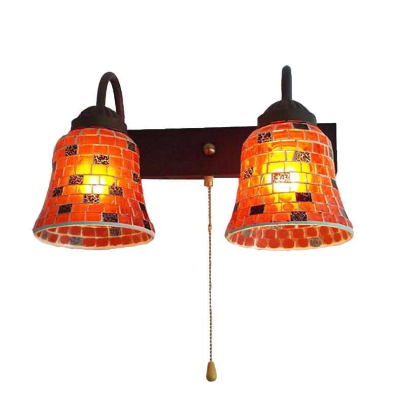 Stained Glass Wall Mounted Bell Light With Pull Chain Switch - Dual Head Sconce In Vibrant Yellow