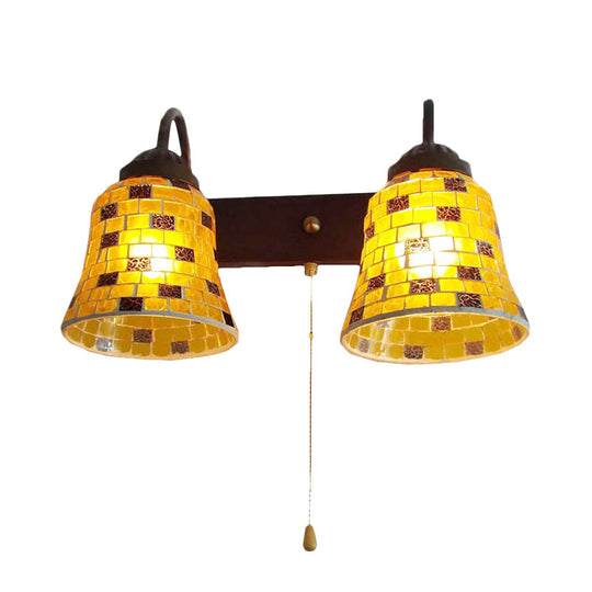 Stained Glass Wall Mounted Bell Light With Pull Chain Switch - Dual Head Sconce In Vibrant Yellow