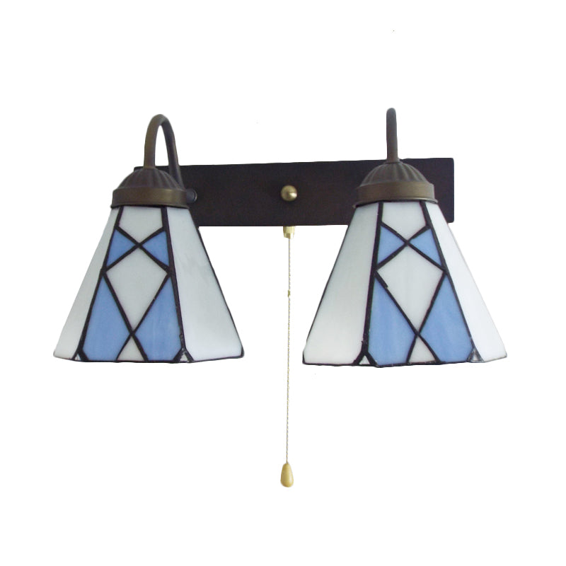 Tiffany Stained Glass Wall Sconce With Pull Chain - Blue/Orange Conical Fixture (2 Heads)