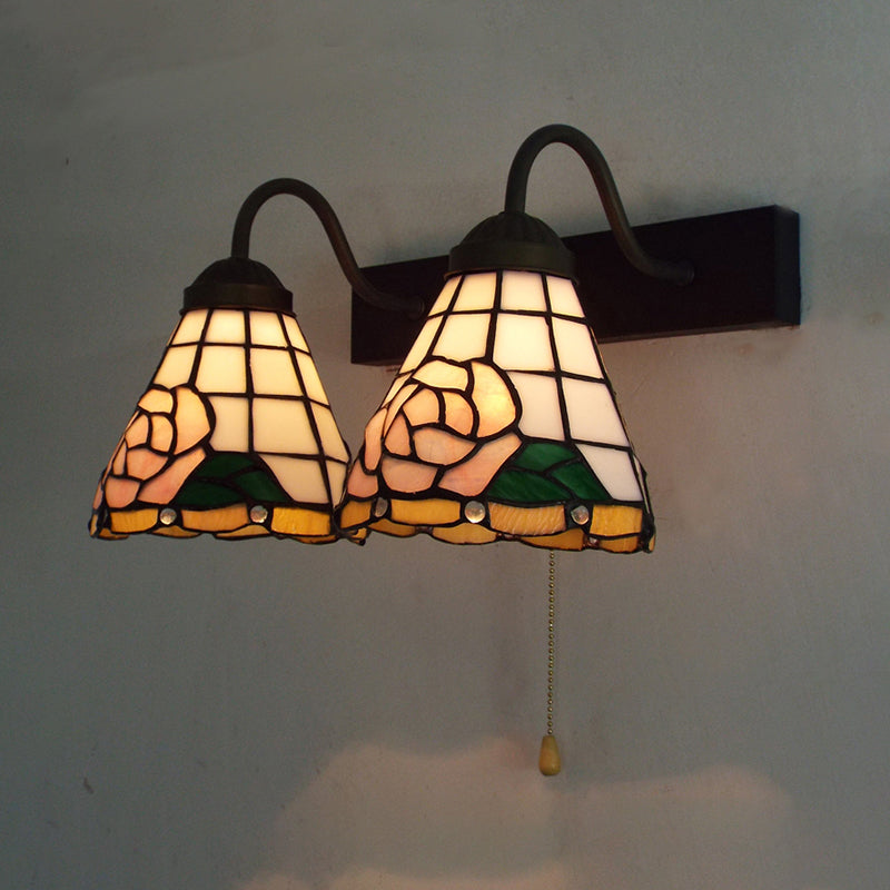 Victorian Rose Stained Glass Wall Sconce With 2 Pink Lights And Pull Chain Switch
