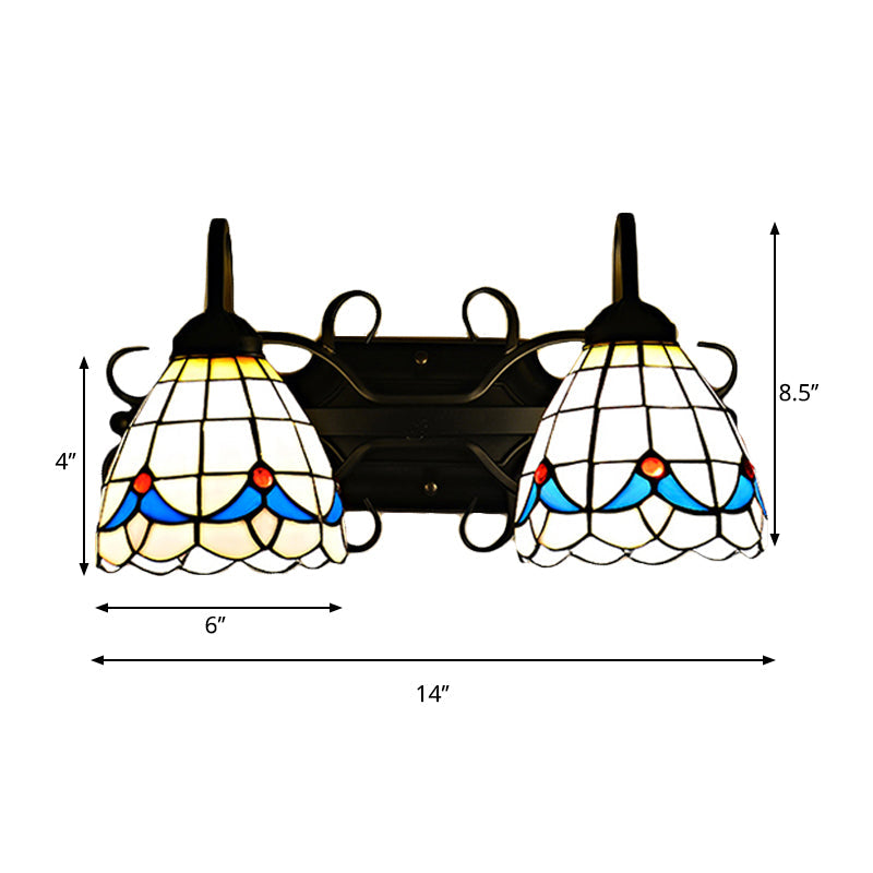 Rustic Retro Stained Glass Magnolia Wall Sconce Lamp With 2 Lights In Black - Ideal For Bathrooms