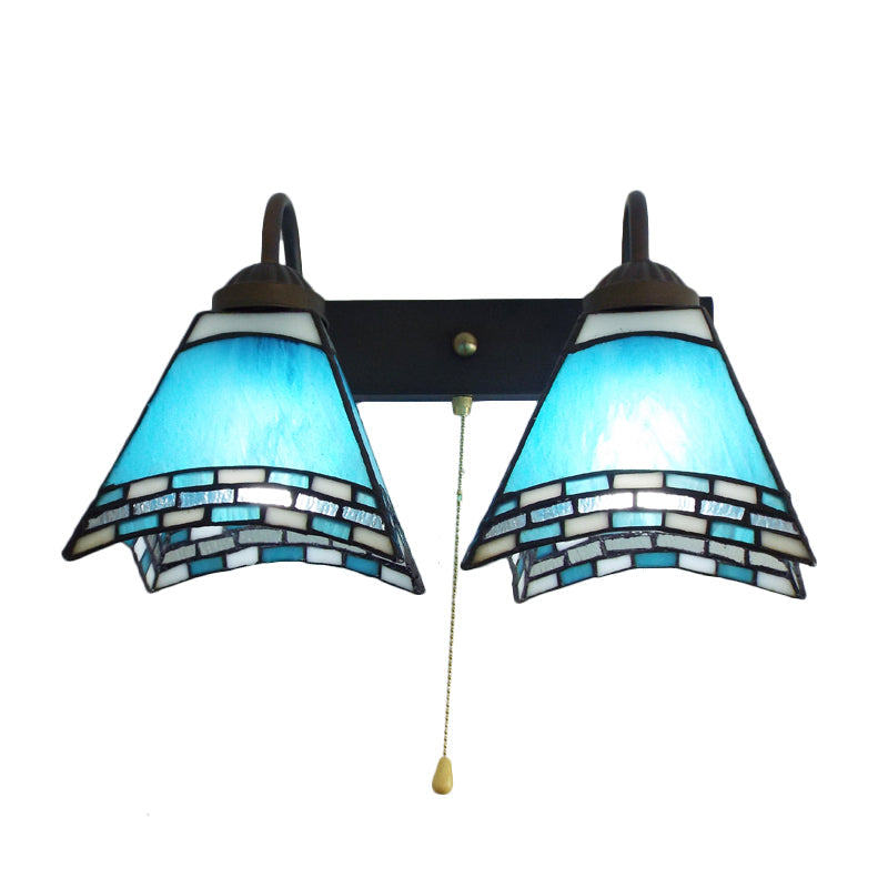 Blue Glass Mediterranean Wall Sconce With Dual Heads And Pull Chain Switch