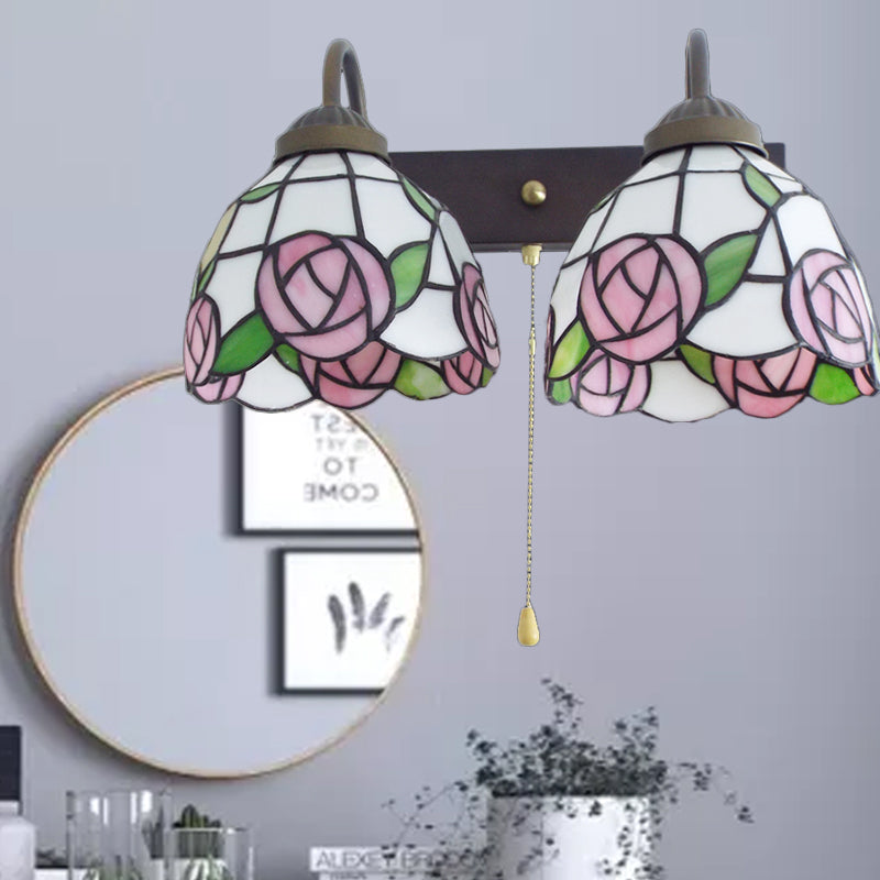 Victorian Stained Glass Wall Light Fixture With Pull Chain Switch - Pink Rose 2-Head Black Sconce