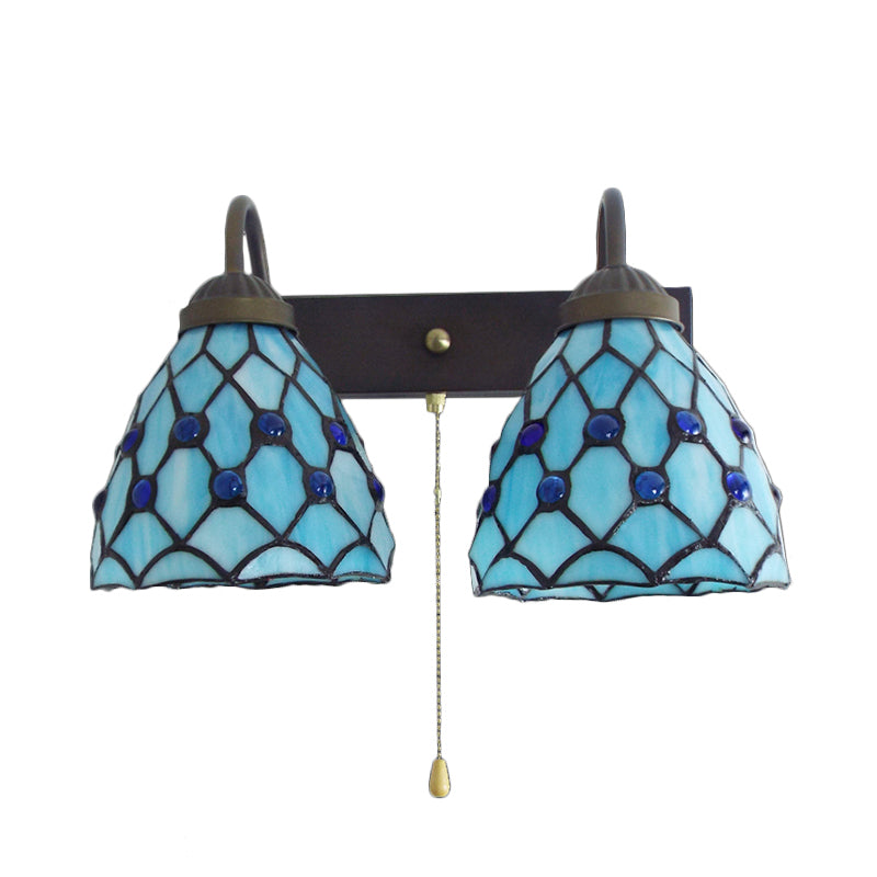 Sky Blue Glass Bowl Sconce Light Fixture - Mediterranean Style 1 Head Wall With Pull Chain
