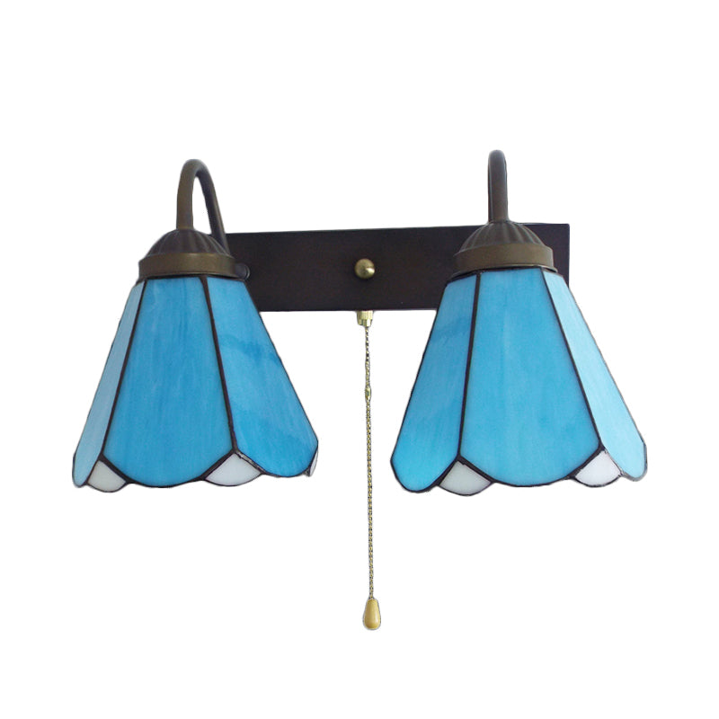 Blue Glass Cone Wall Mounted Light - Mediterranean Style 2-Headed Black Sconce Fixture With Pull