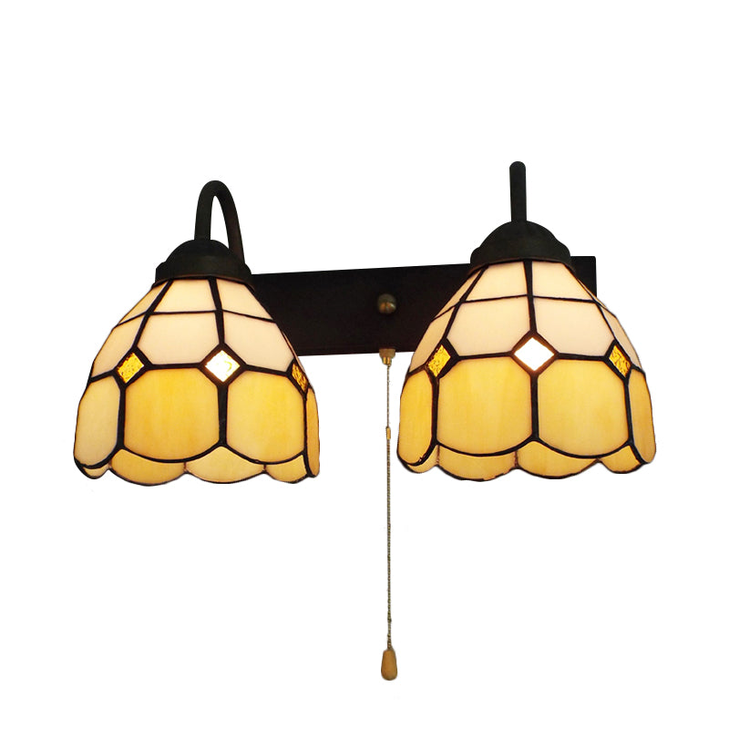 Dome Beige Glass Wall Light Fixture Tiffany Black Sconce With Pull Chain Switch - 2 Heads