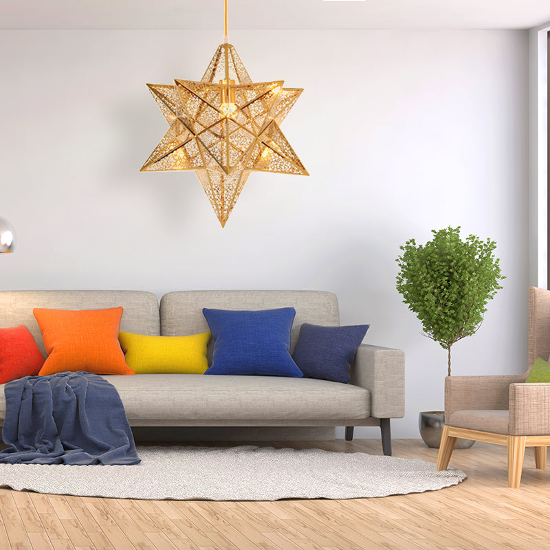 Etched Star Pendant Ceiling Light - Post-Modern Metal With Gold Finish 14/18 Width