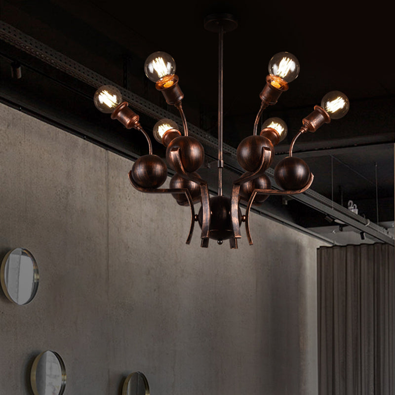 Bronze Loft Style Chandelier With 6-Head Hanging Light - Metal Ball Accent