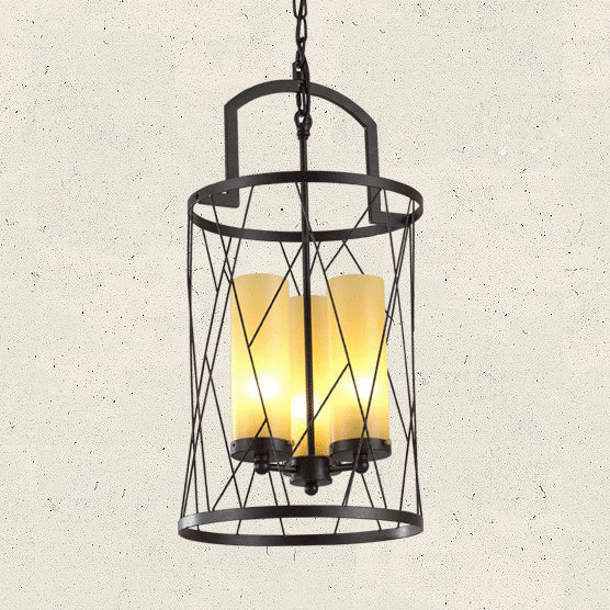 Industrial 3-Head Black Pendant Lamp with Cylinder Glass Shade and Wire Frame - Perfect for Restaurants