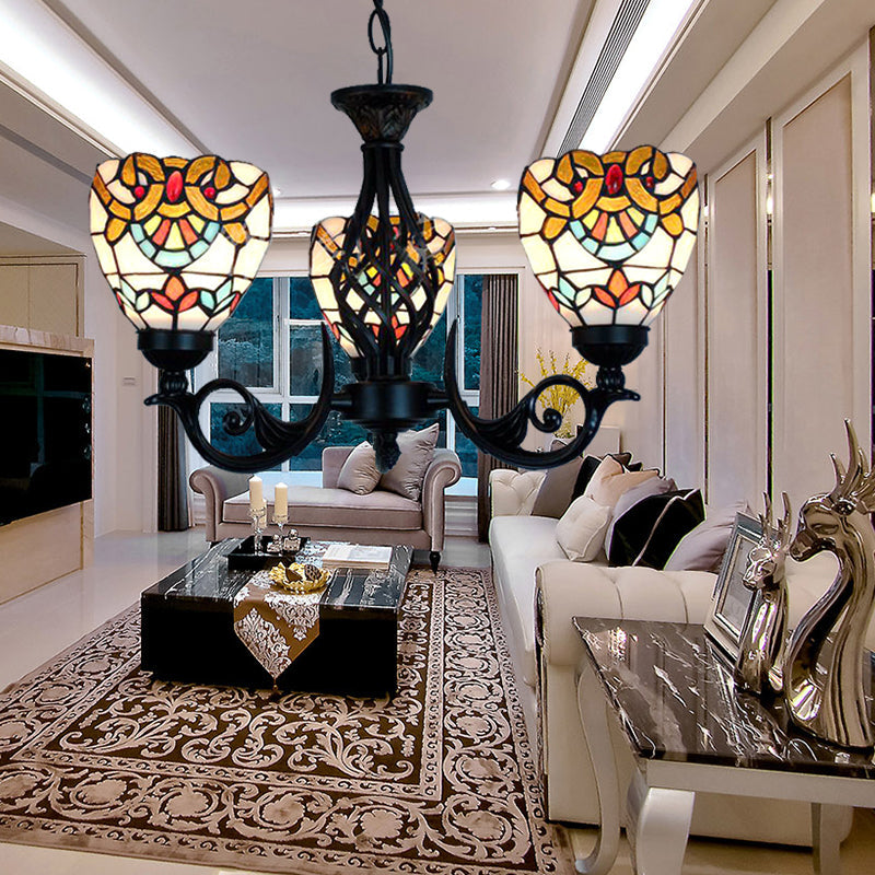 Baroque Stained Glass Chandelier with 3 Lights for Living Room in Black