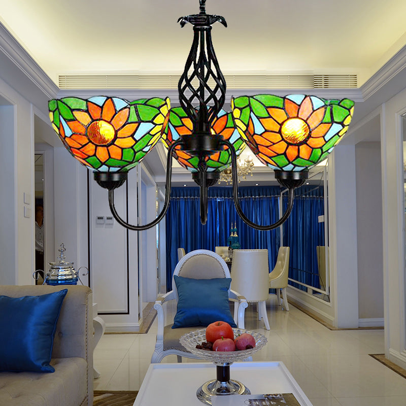 Green Stained Glass Sunflower Chandelier With Curved Arm And Bowl Shade - Lodge Pendant Light
